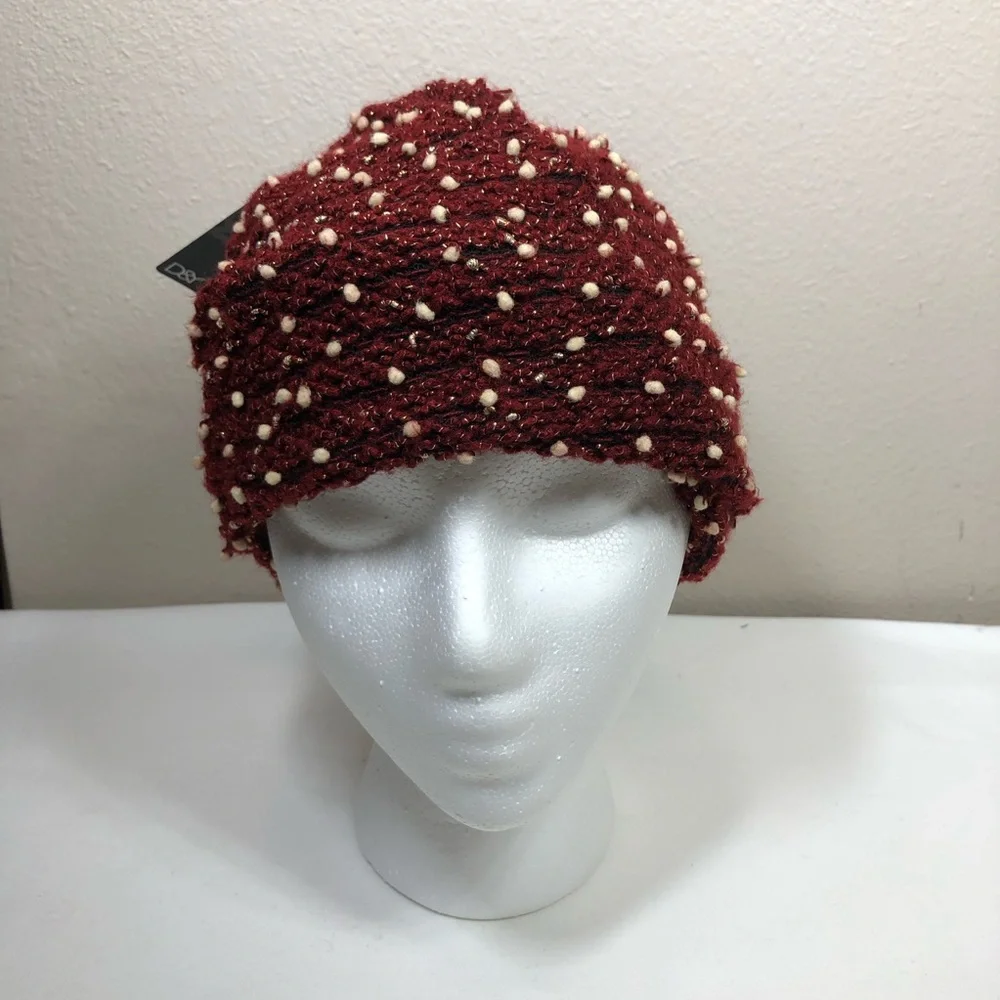 David & Young Knit Long Burgundy Black Ivory Tiny Pompons Stretchy Beanie Hat OS